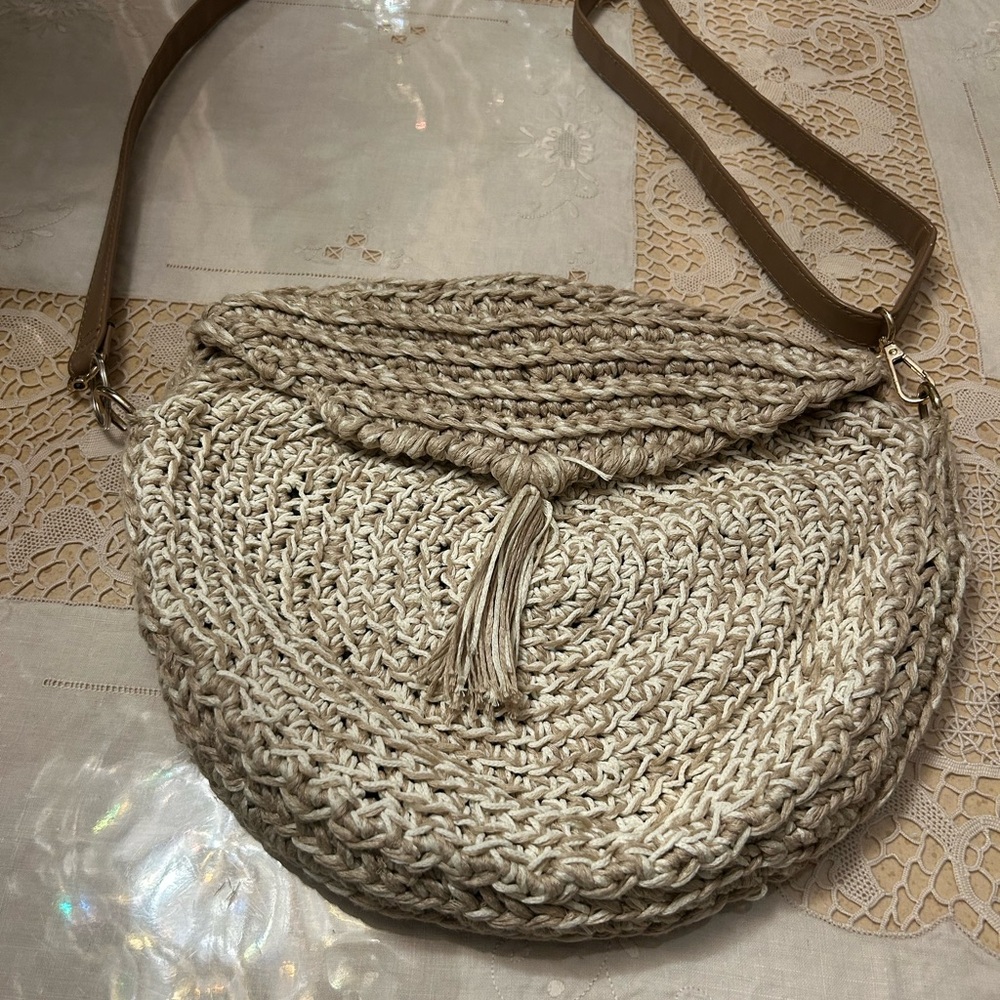 Tan Crescent Crossbody Bag with Woven Texture